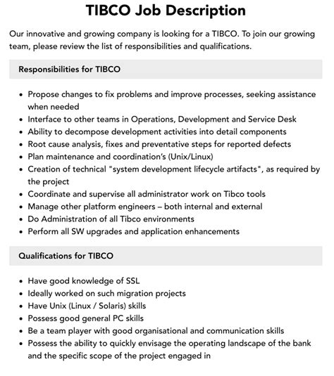 tibco channel executive job description